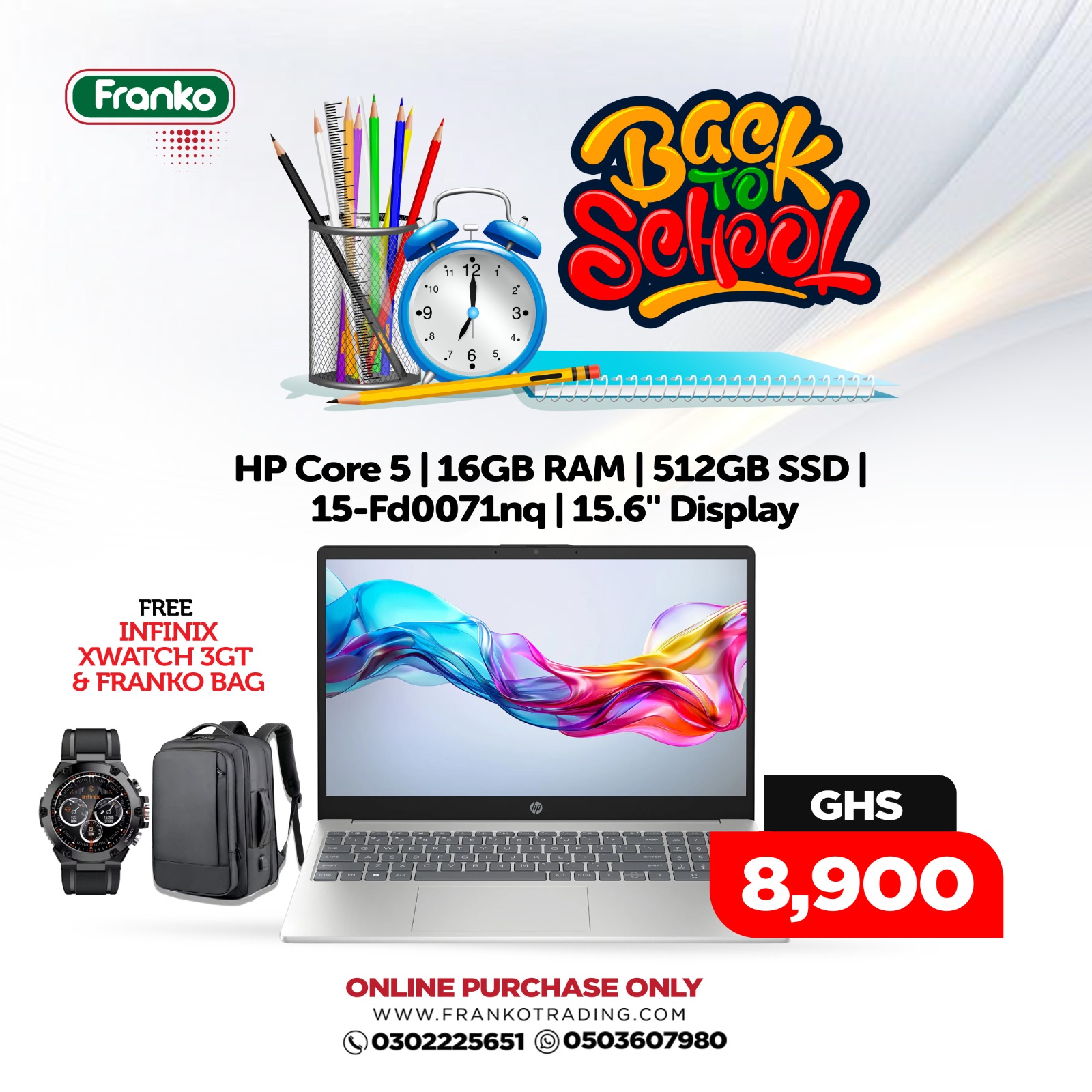 HP Core 5 | 16GB RAM | 512GB SSD | 15-Fd0071nq | 15.6" Display-Infinix Xwatch 3GT Plus Free Franko Bag